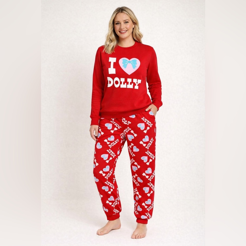 I Love Dolly Pajama Set Women’s M Red Dolly Parton Lounge Sleepwear 2 Pc NWT